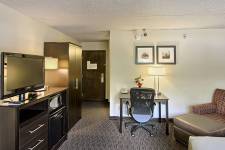 Traverse Blossom hotel King Whirlpool room with king bed, hot tub, TV, microwave, mini fridge, desk, chair, and wardrobe